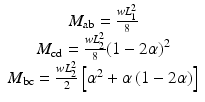 
$$ \begin{array}{c}{M}_{\mathrm{ab}}=\frac{w{L}_1^2}{8}\\ {}{M}_{\mathrm{cd}}=\frac{w{L}_2^2}{8}{\left(1-2\alpha \right)}^2\\ {}{M}_{\mathrm{bc}}=\frac{w{L}_2^2}{2}\left[{\alpha}^2+\alpha \left(1-2\alpha \right)\right]\end{array} $$
