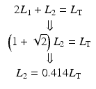 
$$ \begin{array}{c}2{L}_1+{L}_2={L}_{\mathrm{T}}\\ {}\Downarrow \\ {}\left(1+\sqrt{2}\right){L}_2={L}_{\mathrm{T}}\\ {}\Downarrow \\ {}{L}_2=0.414{L}_{\mathrm{T}}\end{array} $$
