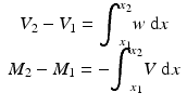 
$$ \begin{array}{c}{V}_2-{V}_1={\displaystyle {\int}_{x_1}^{x_2}w\;\mathrm{d}x}\\ {}{M}_2-{M}_1=-{\displaystyle {\int}_{x_1}^{x_2}V\;\mathrm{d}x}\end{array} $$
