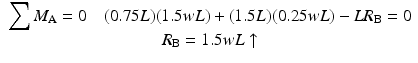 
$$ \begin{array}{c}{\displaystyle \sum {M}_{\mathrm{A}}}=0\kern1em (0.75L)(1.5wL)+(1.5L)(0.25wL)-L{R}_{\mathrm{B}}=0\\ {}{R}_{\mathrm{B}}=1.5wL\uparrow \end{array} $$
