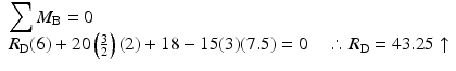 
$$ \begin{array}{l}{\displaystyle \sum {M}_{\mathrm{B}}=0}\\ {}{R}_{\mathrm{D}}(6)+20\left(\frac{3}{2}\right)(2)+18-15(3)(7.5)=0\kern1em \therefore {R}_{\mathrm{D}}=43.25\uparrow \end{array} $$
