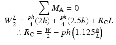 
$$ \begin{array}{c}{\displaystyle \sum {M}_{\mathrm{A}}}=0\\ {}W\frac{L}{2}=\frac{ph}{4}(2h)+\frac{ph}{4}(2.5h)+{R}_{\mathrm{C}}L\\ {}\therefore {R}_{\mathrm{C}}=\frac{W}{2}- ph\left(1.125\frac{h}{L}\right)\end{array} $$
