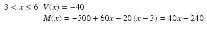 
$$ \begin{array}{ll}3<x\le 6\hfill & V(x)=-40\hfill \\ {}\hfill & M(x)=-300+60x-20\left(x-3\right)=40x-240\hfill \end{array} $$
