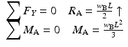 
$$ \begin{array}{l}{\displaystyle \sum {F}_Y=0}\kern1em {R}_{\mathrm{A}}=\frac{w_{\mathrm{B}}L}{2}\uparrow \\ {}{\displaystyle \sum {M}_{\mathrm{A}}=0}\kern1em {M}_{\mathrm{A}}=\frac{w_{\mathrm{B}}{L}^2}{3}\end{array} $$
