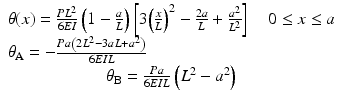 
$$ \begin{array}{c}\theta (x)=\frac{P{L}^2}{6EI}\left(1-\frac{a}{L}\right)\left[3{\left(\frac{x}{L}\right)}^2-\frac{2a}{L}+\frac{a^2}{L^2}\right]\kern1em 0\le x\le a\\ {}{\theta}_{\mathrm{A}}=-\frac{Pa\left(2{L}^2-3 aL+{a}^2\right)}{6EIL}\hfill \\ {}{\theta}_{\mathrm{B}}=\frac{Pa}{6EIL}\left({L}^2-{a}^2\right)\end{array} $$
