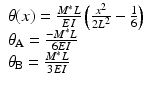 
$$ \begin{array}{c}\theta (x)=\frac{M^{*}L}{EI}\left(\frac{x^2}{2{L}^2}-\frac{1}{6}\right)\\ {}{\theta}_{\mathrm{A}}=\frac{-{M}^{*}L}{6EI}\hfill \\ {}{\theta}_{\mathrm{B}}=\frac{M^{*}L}{3EI}\hfill \end{array} $$
