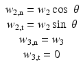 
$$ \begin{array}{c}{w}_{2,\mathrm{n}}={w}_2 \cos\;\theta \\ {}{w}_{2,\mathrm{t}}={w}_2 \sin\;\theta \\ {}{w}_{3,\mathrm{n}}={w}_3\\ {}{w}_{3,\mathrm{t}}=0\end{array} $$
