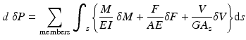 
$$ d\;\delta P={\displaystyle \sum_{\mathrm{members}}{\displaystyle {\int}_s\left\{\frac{M}{EI}\ \delta M+\frac{F}{AE}\delta F+\frac{V}{G{A}_{\mathrm{s}}}\delta V\right\}}\mathrm{d}s} $$
