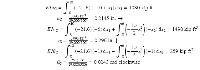 
$$ \begin{array}{c}EI{u}_{\mathrm{C}}={\displaystyle {\int}_0^{10}\left(-21.6\right)\left(-10+{x}_1\right)\mathrm{d}{x}_1}=1080\;\mathrm{kip}\;{\mathrm{ft}}^3\\ {}\kern-3.8em {u}_{\mathrm{C}}=\frac{1080(12)^3}{29,000(300)}=0.2145\;\mathrm{in}.\to \\ {}\kern8.3em EI{v}_{\mathrm{C}}={\displaystyle {\int}_0^{10}\left(-21.6\right)\left(-6\right)\mathrm{d}{x}_1}+{\displaystyle {\int}_0^6\left(-\frac{1.2}{2}{x}_2^2\right)}\left(-{x}_2\right)\mathrm{d}{x}_2=1490\;\mathrm{kip}\;{\mathrm{ft}}^3\\ {}\kern-4.68em {v}_{\mathrm{C}}=\frac{1490{(12)}^3}{29,000(300)}=0.296\;\mathrm{in}.\downarrow \\ {}\kern7.4em EI{\theta}_{\mathrm{C}}={\displaystyle {\int}_0^{10}\left(-21.6\right)\left(-1\right)\mathrm{d}{x}_1}+{\displaystyle {\int}_0^6\left(-\frac{1.2}{2}{x}_2^2\right)}\left(-1\right)\mathrm{d}{x}_2=259\;\mathrm{kip}\;{\mathrm{ft}}^2\\ {}\kern-.65em {\theta}_{\mathrm{C}}=\frac{259{(12)}^2}{29,000(300)}=0.0043\;\mathrm{rad}\;\mathrm{clockwise}\end{array} $$
