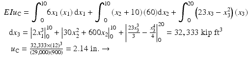 
$$ \begin{array}{l}EI{u}_{\mathrm{C}} = {\displaystyle {\int}_0^{10}6{x}_1\left({x}_1\right)\mathrm{d}{x}_1}+{\displaystyle {\int}_0^{10}\left({x}_2+10\right)(60)\mathrm{d}{x}_2}+{\displaystyle {\int}_0^{20}\left(23{x}_3-{x}_3^2\right)\left({x}_3\right)}\\ {}\kern.6em \mathrm{d}{x}_3={\left|2{x}_1^3\right|}_0^{10}+{\left|30{x}_2^2+600{x}_2\right|}_0^{10}+{\left|\frac{23{x}_3^3}{3}-\frac{x_3^4}{4}\right|}_0^{20}=32,333\;\mathrm{kip}\;{\mathrm{ft}}^3\hfill \\ {}\kern.85em {u}_{\mathrm{C}}=\frac{32,333\times {(12)}^3}{\left(29,000\right)(900)}=2.14\;\mathrm{in}.\to \hfill \end{array} $$
