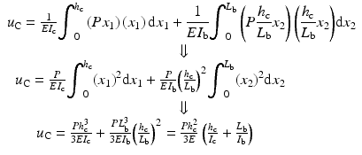 
$$ \begin{array}{c}{u}_{\mathrm{C}}=\frac{1}{E{I}_{\mathrm{c}}}{\displaystyle {\int}_0^{h_{\mathrm{c}}}\left(P{x}_1\right)\left({x}_1\right)\mathrm{d}{x}_1+\frac{1}{E{I}_{\mathrm{b}}}{\displaystyle {\int}_0^{L_{\mathrm{b}}}\left(P\frac{h_{\mathrm{c}}}{L_{\mathrm{b}}}{x}_2\right)}\left(\frac{h_{\mathrm{c}}}{L_{\mathrm{b}}}{x}_2\right)}\mathrm{d}{x}_2\\ {}\Downarrow \\ {}\kern-4.1em {u}_{\mathrm{C}}=\frac{P}{E{I}_{\mathrm{c}}}{\displaystyle {\int}_0^{h_{\mathrm{c}}}{\left({x}_1\right)}^2\mathrm{d}{x}_1}+\frac{P}{E{I}_{\mathrm{b}}}{\left(\frac{h_{\mathrm{c}}}{L_{\mathrm{b}}}\right)}^2{\displaystyle {\int}_0^{L_{\mathrm{b}}}{\left({x}_2\right)}^2}\mathrm{d}{x}_2\\ {}\Downarrow \\ {}\kern-4.8em {u}_{\mathrm{C}}=\frac{P{h}_{\mathrm{c}}^3}{3E{I}_{\mathrm{c}}}+\frac{P{L}_{\mathrm{b}}^3}{3E{I}_{\mathrm{b}}}{\left(\frac{h_{\mathrm{c}}}{L_{\mathrm{b}}}\right)}^2=\frac{P{h}_{\mathrm{c}}^2}{3E}\left(\frac{h_{\mathrm{c}}}{I_{\mathrm{c}}}+\frac{L_{\mathrm{b}}}{I_{\mathrm{b}}}\right)\end{array} $$
