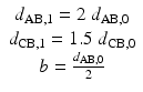 
$$ \begin{array}{c}{d}_{\mathrm{AB},1}=2\;{d}_{\mathrm{AB},0}\\ {}{d}_{\mathrm{CB},1}=1.5\;{d}_{\mathrm{CB},0}\\ {}b=\frac{d_{\mathrm{AB},0}}{2}\end{array} $$
