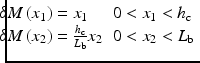 
$$ \begin{array}{ll}\kern-.9em \delta M\left({x}_1\right)={x}_1\hfill & 0<{x}_1<{h}_{\mathrm{c}}\hfill \\ {}\kern-.9em \delta M\left({x}_2\right)=\frac{h_{\mathrm{c}}}{L_{\mathrm{b}}}{x}_2\hfill & 0<{x}_2<{L}_{\mathrm{b}}\hfill \end{array} $$
