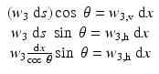 
$$ \begin{array}{c}\left({w}_3\ \mathrm{d}s\right) \cos\;\theta ={w}_{3,\mathrm{v}}\ \mathrm{d}x\\ {}{w}_3\ \mathrm{d}s\; \sin\;\theta ={w}_{3,\mathrm{h}}\ \mathrm{d}x\\ {}{w}_3\frac{\mathrm{d}x}{ \cos\;\theta } \sin\;\theta ={w}_{3,\mathrm{h}}\ \mathrm{d}x\end{array} $$
