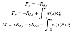 
$$ \begin{array}{c}{F}_x=-{R}_{\mathrm{A}x}\\ {}{F}_y=-{R}_{\mathrm{A}y}+{\displaystyle {\int}_0^xw(x)\mathrm{d}\xi}\\ {}M=x{R}_{\mathrm{A}y}-y{R}_{\mathrm{A}x}-{\displaystyle {\int}_0^xw(x)\xi\;\mathrm{d}\xi}\end{array} $$
