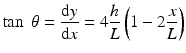 
$$ \tan\;\theta =\frac{\mathrm{d}y}{\mathrm{d}x}=4\frac{h}{L}\left(1-2\frac{x}{L}\right) $$
