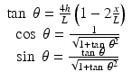 
$$ \begin{array}{c} \tan\;\theta =\frac{4h}{L}\left(1-2\frac{x}{L}\right)\\ {} \cos\;\theta =\frac{1}{\sqrt{1+ \tan\;{\theta}^2}}\\ {} \sin\;\theta =\frac{ \tan\;\theta }{\sqrt{1+ \tan\;{\theta}^2}}\end{array} $$
