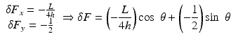 
$$ \begin{array}{c}\hfill \delta {F}_x=-\frac{L}{4h}\hfill \\ {}\hfill \delta {F}_y=-\frac{1}{2}\hfill \end{array} \Rightarrow \delta F=\left(-\frac{L}{4h}\right) \cos\;\theta +\left(-\frac{1}{2}\right) \sin\;\theta $$
