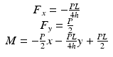 
$$ \begin{array}{c}{F}_x=-\frac{PL}{4h}\\ {}{F}_y=\frac{P}{2}\\ {}M=-\frac{P}{2}x-\frac{PL}{4h}y+\frac{PL}{2}\end{array} $$
