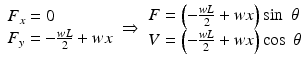 
$$ \begin{array}{l}{F}_x=0\hfill \\ {}{F}_y=-\frac{wL}{2}+wx\hfill \end{array} \Rightarrow \begin{array}{l}F=\left(-\frac{wL}{2}+wx\right) \sin\;\theta \hfill \\ {}V=\left(-\frac{wL}{2}+wx\right) \cos\;\theta \hfill \end{array} $$
