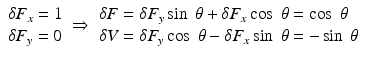 
$$ \begin{array}{l}\delta {F}_x=1\hfill \\ {}\delta {F}_y=0\hfill \end{array} \Rightarrow \begin{array}{l}\delta F=\delta {F}_y \sin\;\theta +\delta {F}_x \cos\;\theta = \cos\;\theta \hfill \\ {}\delta V=\delta {F}_y \cos\;\theta -\delta {F}_x \sin\;\theta =- \sin\;\theta \hfill \end{array} $$
