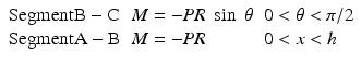 
$$ \begin{array}{lll}\mathrm{Segment} \mathrm{B}-\mathrm{C}\hfill & M=-PR\; \sin\;\theta \hfill & 0<\theta <\pi /2\hfill \\ {}\mathrm{Segment} \mathrm{A}-\mathrm{B}\hfill & M=-PR\hfill & 0<x<h\hfill \end{array} $$
