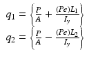 
$$ \begin{array}{c}\hfill {q}_1=\left\{\frac{P}{A}+\frac{(Pe){L}_1}{I_y}\right\}\hfill \\ {}\hfill {q}_2=\left\{\frac{P}{A}-\frac{(Pe){L}_2}{I_y}\right\}\hfill \end{array} $$
