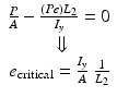 
$$ \begin{array}{c}\hfill \frac{P}{A}-\frac{(Pe){L}_2}{I_y}=0\hfill \\ {}\hfill \Downarrow \hfill \\ {}\hfill {e}_{\mathrm{critical}}=\frac{I_y}{A}\ \frac{1}{L_2}\hfill \end{array} $$
