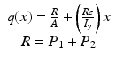 
$$ \begin{array}{c}q(x)=\frac{R}{A}+\left(\frac{Re}{I_y}\right)x\\ {}R={P}_1+{P}_2\end{array} $$
