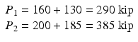 
$$ \begin{array}{c}{P}_1=160+130=290\;\mathrm{kip}\\ {}{P}_2=200+185=385\;\mathrm{kip}\end{array} $$
