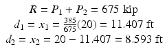 
$$ \begin{array}{c}R={P}_1+{P}_2=675\;\mathrm{kip}\\ {}{d}_1={x}_1=\frac{385}{675}(20)=11.407\;\mathrm{ft}\\ {}{d}_2={x}_2=20-11.407=8.593\;\mathrm{ft}\end{array} $$
