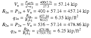 
$$ \begin{array}{c}{V}_{\mathrm{u}}=\frac{P_{\mathrm{u}1}{e}_1}{d-{e}_1}=\frac{400(2.5)}{17.5}=57.14\;\mathrm{kip}\\ {}{R}_{1\mathrm{u}}={P}_{1\mathrm{u}}+{V}_{\mathrm{u}}=400+57.14=457.14\;\mathrm{kip}\\ {}{q}_{1\mathrm{u}}=\frac{R_{1\mathrm{u}}}{B_1{L}_1}=\frac{457.14}{6(12)}=6.35\;\mathrm{kip}/{\mathrm{ft}}^2\\ {}{R}_{2\mathrm{u}}={P}_{2\mathrm{u}}-{V}_{\mathrm{u}}=536-57.14=478.86\;\mathrm{kip}\\ {}{q}_{2\mathrm{u}}=\frac{R_{2\mathrm{u}}}{B_2{L}_2}=\frac{478.86}{8.75(8.75)}=6.25\;\mathrm{kip}/{\mathrm{ft}}^2\end{array} $$
