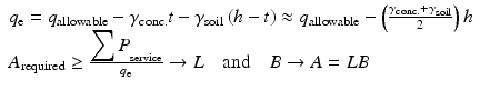 
$$ \begin{array}{l}{q}_{\mathrm{e}}={q}_{\mathrm{allowable}}-{\gamma}_{\mathrm{conc}.}t-{\gamma}_{\mathrm{soil}}\left(h-t\right)\approx {q}_{\mathrm{allowable}}-\left(\frac{\gamma_{\mathrm{conc}.}+{\gamma}_{\mathrm{soil}}}{2}\right)h\hfill \\ {}{A}_{\mathrm{required}}\ge \frac{{{\displaystyle \sum P}}_{\mathrm{service}}}{q_{\mathrm{e}}}\to L\kern1em \mathrm{and}\kern1em B\to A=LB\hfill \end{array} $$
