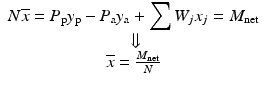 
$$ \begin{array}{c}\hfill N\overline{x}={P}_{\mathrm{p}}{y}_{\mathrm{p}}-{P}_{\mathrm{a}}{y}_{\mathrm{a}}+{\displaystyle \sum {W}_j{x}_j={M}_{\mathrm{net}}}\hfill \\ {}\hfill \Downarrow \hfill \\ {}\hfill \overline{x}=\frac{M_{\mathrm{net}}}{N}\hfill \end{array} $$
