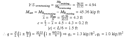 
$$ \begin{array}{c}\mathrm{F}.\mathrm{S}{.}_{\mathrm{overturning}}=\frac{M_{{\mathrm{B}}_{\mathrm{resisting}}}}{M_{{\mathrm{B}}_{\mathrm{overturning}}}}=\frac{56.88}{11.52}=4.94\\ {}{M}_{\mathrm{net}}={M}_{{\mathrm{B}}_{\mathrm{overturning}}}-{M}_{{\mathrm{B}}_{\mathrm{resisting}}}=45.36\;\mathrm{kip}\;\mathrm{ft}\\ {}\overline{x}=\frac{M_{\mathrm{net}}}{N}=\frac{45.36}{10.53}=4.3\;\mathrm{ft}\\ {}e=\frac{L}{2}-\overline{x}=4.5-4.3=0.2\;\mathrm{ft}\\ {}\left|e\right|<L/6=1.5\;\mathrm{ft}\\ {}\therefore q=\frac{N}{L}\left(1\pm \frac{6e}{L}\right)=\frac{10.53}{9}\left(1\pm \frac{6(0.2)}{9}\right)\Rightarrow {q}_1=1.3\;\mathrm{kip}/{\mathrm{ft}}^2,{q}_2=1.0\;\mathrm{kip}/{\mathrm{ft}}^2\end{array} $$
