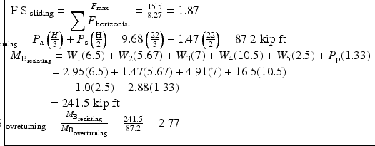 
$$ \begin{array}{l}\mathrm{F}.\mathrm{S}{.}_{\mathrm{s}\mathrm{liding}}=\frac{F_{\max }}{{\displaystyle \sum {F}_{\mathrm{horizontal}}}}=\frac{15.5}{8.27}=1.87\hfill \\ {}\kern-3.5em {M}_{{\mathrm{B}}_{\mathrm{overturning}}}={P}_{\mathrm{a}}\left(\frac{H}{3}\right)+{P}_{\mathrm{s}}\left(\frac{\mathrm{H}}{2}\right)=9.68\left(\frac{22}{3}\right)+1.47\left(\frac{22}{2}\right)=87.2\;\mathrm{kip}\;\mathrm{ft}\hfill \\ {}{M}_{{\mathrm{B}}_{\mathrm{resisting}}}={W}_1(6.5)+{W}_2(5.67)+{W}_3(7)+{W}_4(10.5)+{W}_5(2.5)+{P}_{\mathrm{p}}(1.33)\hfill \\ {}\kern3.1em =2.95(6.5)+1.47(5.67)+4.91(7)+16.5(10.5)\hfill \\ {}\kern4.2em +1.0(2.5)+2.88(1.33)\hfill \\ {}\kern3em =241.5\;\mathrm{kip}\;\mathrm{ft}\hfill \\ {}\kern-2em \mathrm{F}.\mathrm{S}{.}_{\mathrm{ovreturning}}=\frac{M_{{\mathrm{B}}_{\mathrm{resisting}}}}{M_{{\mathrm{B}}_{\mathrm{overturning}}}}=\frac{241.5}{87.2}=2.77\hfill \end{array} $$
