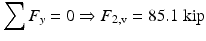 
$$ {\displaystyle \sum {F}_y=0\Rightarrow {F}_{2,\mathrm{v}}=85.1\;\mathrm{kip}} $$
