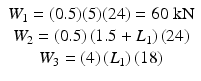 
$$ \begin{array}{c}{W}_1=(0.5)(5)(24)=60\;\mathrm{k}\mathrm{N}\\ {}{W}_2=(0.5)\left(1.5+{L}_1\right)(24)\\ {}{W}_3=(4)\left({L}_1\right)(18)\end{array} $$
