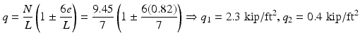 
$$ q=\frac{N}{L}\left(1\pm \frac{6e}{L}\right)=\frac{9.45}{7}\left(1\pm \frac{6(0.82)}{7}\right)\Rightarrow {q}_1=2.3\;\mathrm{kip}/{\mathrm{ft}}^2,{q}_2=0.4\;\mathrm{kip}/{\mathrm{ft}}^2 $$
