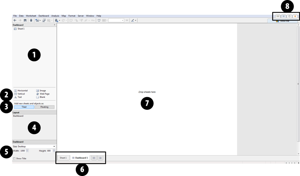 The Tableau user interface for a new Dashboard