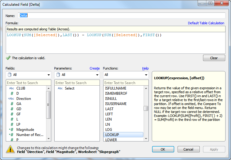 Creating a Calculated Field to compute the change in values