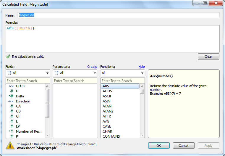 A Calculated Field that determines the absolute value, or magnitude, of the change