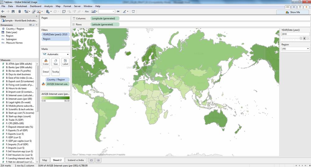 A filled map of Internet usage rates by country, 2010