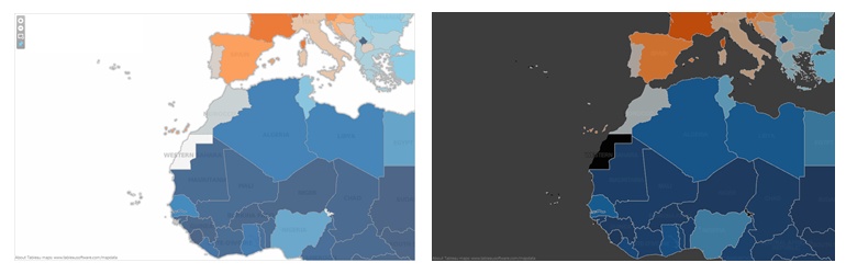 Two solutions to the missing values problem: orange-blue (left) and a dark map (right)