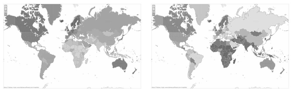 Sequential (left) and diverging (right) color palettes shown in grayscale