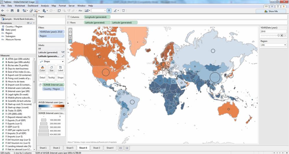 A dual-axis map showing both rate (color) and number (circle sizes) of Internet users