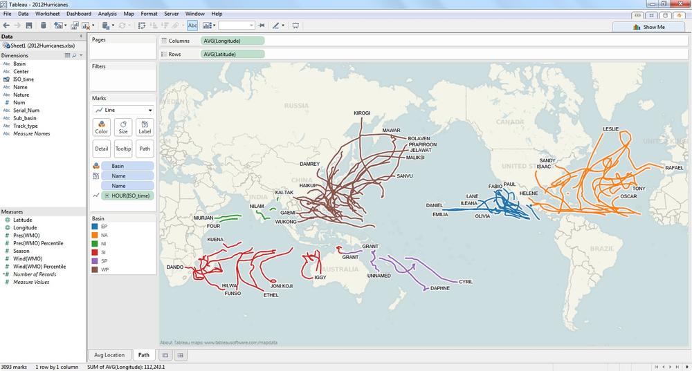 Hurricane plot showing the route of each hurricane of 2012