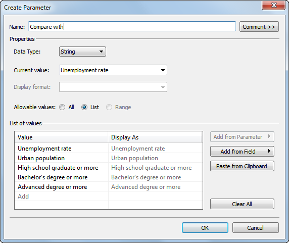 Create a Parameter to change the “compare with” variable