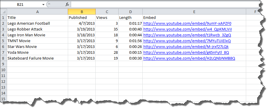 A simple spreadsheet containing information about each video