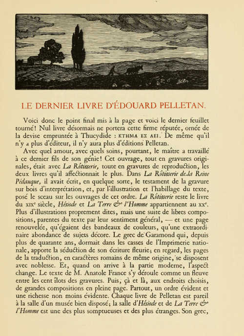 PAGE PRINTED IN “GARAMOND” TYPE (ENGRAVED FOR FRANÇOIS I), WITH WOODCUT BY PAUL EMILE COLIN, LENT BY MONS. R. HELLEU